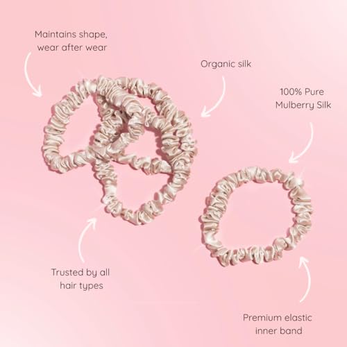 SILKIE x4 Set 100% Pure Mulberry Silk Black Brown Chocolate Pink Nude Neutral Skinny Scrunchies Travel Pouch Everyday Hair Ties Elastics Hair Care Ponytail Holder No Damage (Champagne) - color: Champagne