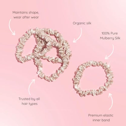 SILKIE x4 Set 100% Pure Mulberry Silk Black Brown Chocolate Pink Nude Neutral Skinny Scrunchies Travel Pouch Everyday Hair Ties Elastics Hair Care Ponytail Holder No Damage (Champagne) - color: Champagne