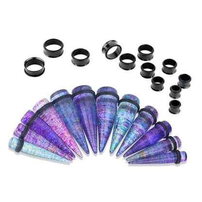 24PC Ear Gauge Stretching Kit Acrylic Tapers and Surgical Steel Tunnels Plugs 00G-20MM Gauge Stretching Kit - color: Rainbow Black
