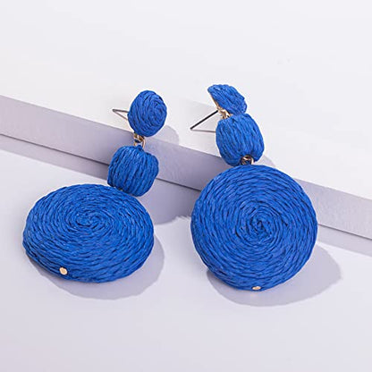 Statement Raffia Boho Round Dangle Ball Earrings - Cute Handmade Summer Bohemian Dangling Jewelry for Women - color: Royal Blue