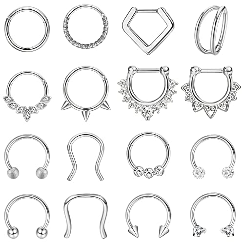 Besteel Hypoallergenic Septum Rings 16G 8mm Surgical Steel Clicker Nose Rings Hoops Set Small Lip Cartilage Helix Daith Piercing Jewelry for Women Men 16 Pcs Gold Silver Black - color: Silver