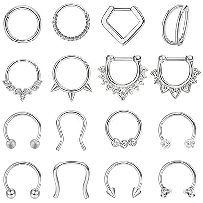 Besteel Hypoallergenic Septum Rings 16G 8mm Surgical Steel Clicker Nose Rings Hoops Set Small Lip Cartilage Helix Daith Piercing Jewelry for Women Men 16 Pcs Gold Silver Black - color: Silver