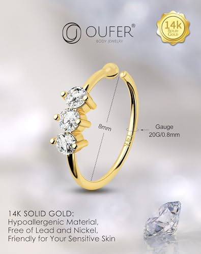 OUFER 14K Solid Gold Nose Rings Hoops, 20G Hoop Nose Rings for Women, Clear CZ Nose Piercing Jewely, Seamless Open Cartilage Helix Earrings