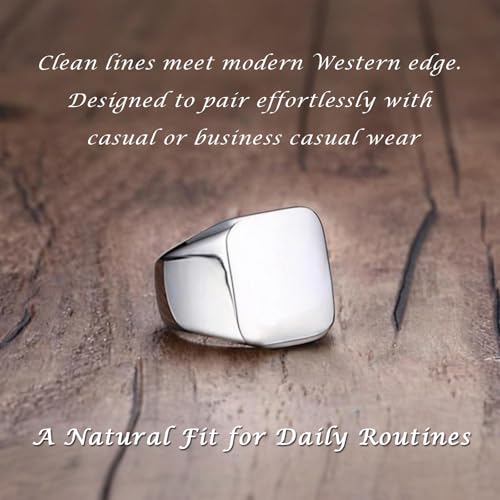 Men's Stainless Steel Square Biker Signet Ring, Black Silver Gold Styles | plain flat top, polished and brushed finish options, chunky profile, pinky or thumb styling, gift-ready for dad or him - color: Silver