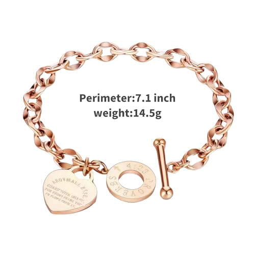 Heart Charm Bracelet Plated 18K Gold/Silver/Rose Gold Bible Scripture Heart Bracelet for Women Jewelry Gift Zircon Her Link Chain OT Clasp Stainless Steel Birthday - color: Rose Gold, size: 7.1 inch