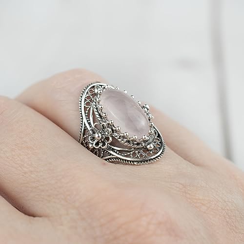 Filigranist 925 Sterling Silver Handcrafted Filigree Art Flower Pattern Woman Oval Statement Ring, Gift Boxed - color: Rose Quartz