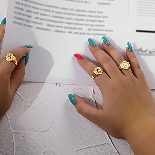 U7 Initial Ring Wedding Band for Men Women 18K Gold Plated Statement Hexagon A-Z Letter Jewelry Personalized Stackable Signet Rings - color: O
