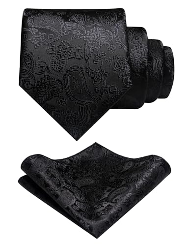 JEMYGINS Mens Solid Color Paisley Necktie and Pocket Square with Tie Clip Sets - color: Black