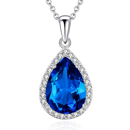 VONSSY Classic Oval Pendant Gemstone Necklace | Crystal Ruby Sapphire Waterdrop Birthstone Teardrop Emerald Necklace | 18K Platinum Gold Plated Chain | Jewelry Gift for Mother Wife Girlfriend - color: NL-Sapphire-Platinunm