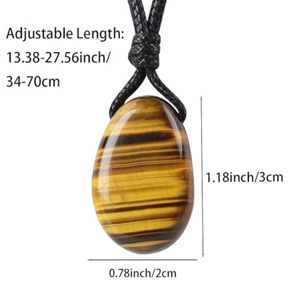 Natural Gemstone Pendant Necklace Healing Crystal Stone Choker Necklace Adjustable Waxed Black Rope for Men - color: Tiger's Eye