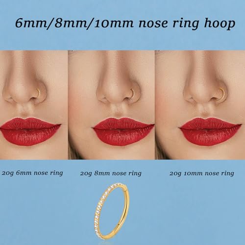 Lantine G23 Titanium Nose Rings Hoops Seamless Clicker Cz Nose Septum Piercings Rings Cute Diamond Hinged 16g 20g Cartilage Conch Daith Helix Tragus Piercing Jewelry - color: Gold, size: 16g 6mm