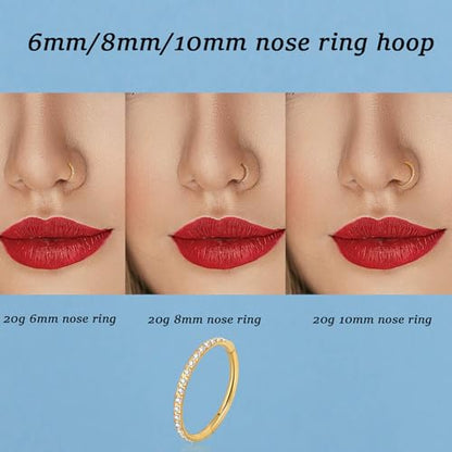 Lantine G23 Titanium Nose Rings Hoops Seamless Clicker Cz Nose Septum Piercings Rings Cute Diamond Hinged 16g 20g Cartilage Conch Daith Helix Tragus Piercing Jewelry - color: Gold, size: 20g 8mm