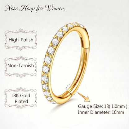 Staligue Nose Hoop ring - 316L Surgical Steel Nose Ring 16/18/20G Hinged Diamond Nose Ring Hoop Septum Clicker Rings Cartilage Earring Helix Rook Tragus Daith Piercing Jewelry for Women 6MM/8MM/10MM/12MM - color: Gold, size: 18G-10MM