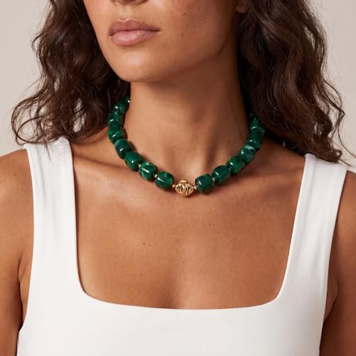 Beaded Necklaces for Women Boho Chunky Necklace Statement Big Resin Bead Choker Fashion Summer Beach Jewelry - color: Dark Green