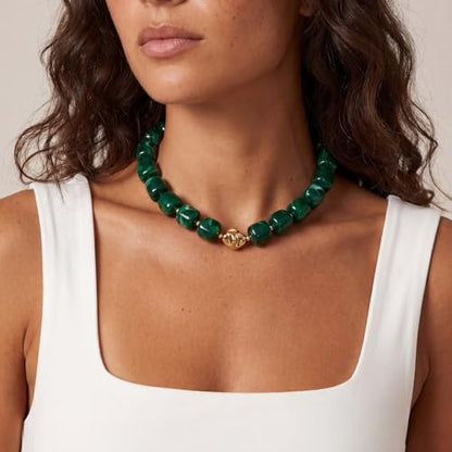 Beaded Necklaces for Women Boho Chunky Necklace Statement Big Resin Bead Choker Fashion Summer Beach Jewelry - color: Dark Green