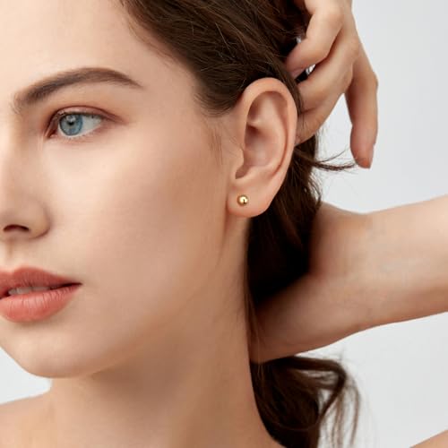 JIAYIQI Minimalist 925 Sterling Silver Stud Earrings Set, 14K Gold Plated Hypoallergenic Tiny Bar Dot Heart Star Studs for Women & Men - style: Gold-5mm Ball- 1 Pair