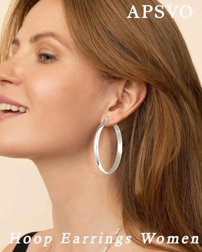 Apsvo Hoop Earrings for Women, 5mm Wide 14K Gold Plated/Silver Hoop Earring Hypoallergenic 925 Sterling Silver Earrings Lightweight Large Earrings for Women - color: Silver&60mm
