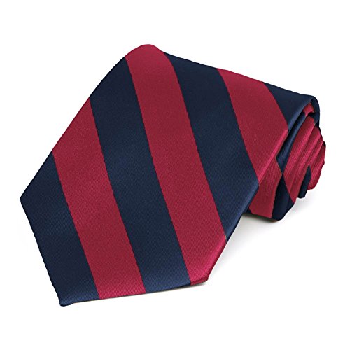 tiemart Men's Striped Tie Standard Length - color: Crimson Red and Navy