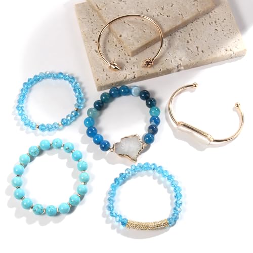 Yomisa 5PCS 6PCS Natural Boho Beaded Bracelets/Bangle for Women Men,Healing Turquoise Jasper Agate Crystal Gemstone Stone Chakra Multilayer Wrap Bohemian Handmade Jewelry Beads Stretch Bracelet Set - color: 6PCS-Sky blue