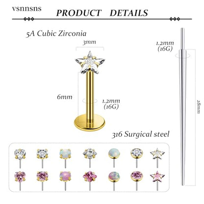 Vsnnsns 14K Gold Plated 16G 18G 20G Threadless Nose Rings Studs Flat Back Earrings Stainless Steel Tragus Helix Conch Earrings Stud Snake Bite Lip Rings Labret Medusa Piercing Jewelry for Women Men - color: 14K Gold Plated-16G-6MM Bar Lenght