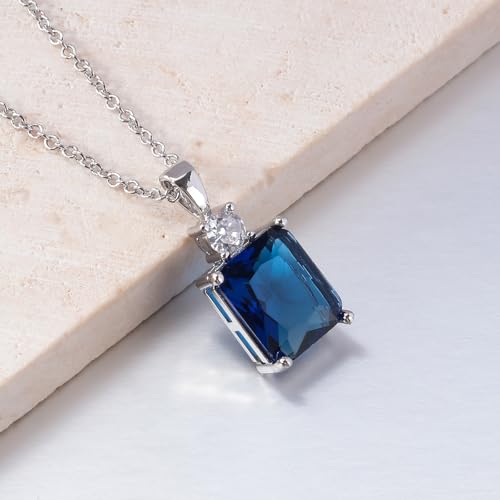 CiNily Rectangular Crystal Necklace for Women Trendy, Pendant Necklace with Chain 14K White Gold | Gold Plated Multicolor Birthstone Pendant Necklaces Boho Jewelry for Christmas Birthday Wedding - color: Silver-Navy Blue cz