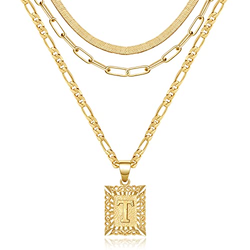 KissYan Gold Layered Initial Necklace Set for Women | 14K Gold/White Gold Plated Letter Pendant with Paperclip Snake Figaro Choker Chain, Alphabets from A-Z Jewelry Gifts - color: 3PCS, style: T