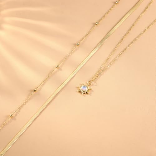 Kakonia Layered Gold Necklaces for Women, 3-Piece Gold Necklace Stack | 14K gold plated pendant necklace set, 3 dainty gold chains, trendy jewelry for women, ideal for weddings, proms or gifting - style: Sun Pendant