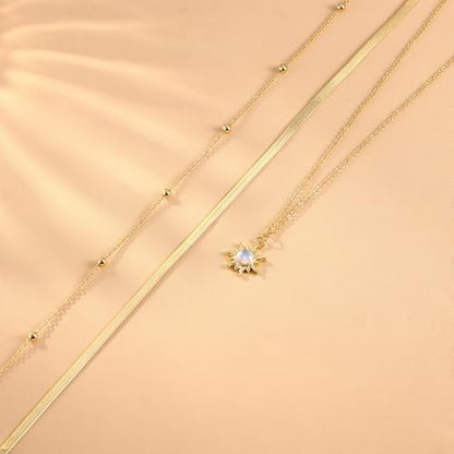 Kakonia Layered Gold Necklaces for Women, 3-Piece Gold Necklace Stack | 14K gold plated pendant necklace set, 3 dainty gold chains, trendy jewelry for women, ideal for weddings, proms or gifting - style: Sun Pendant