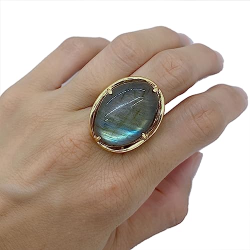 Natural Stone Adjustable Finger Rings Semi Precious Oval Shaped Gemstone Jewelry For Women Anniversary Birthday Wedding Gift - color: Grey Labradorite