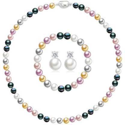 Pearl Necklaces for Women,8mm Pearl Necklace and Earring Bracelet Jewelry Set for Women Men Wedding Birthday Valentine Christmas Day Gifts - color: Mix-Color