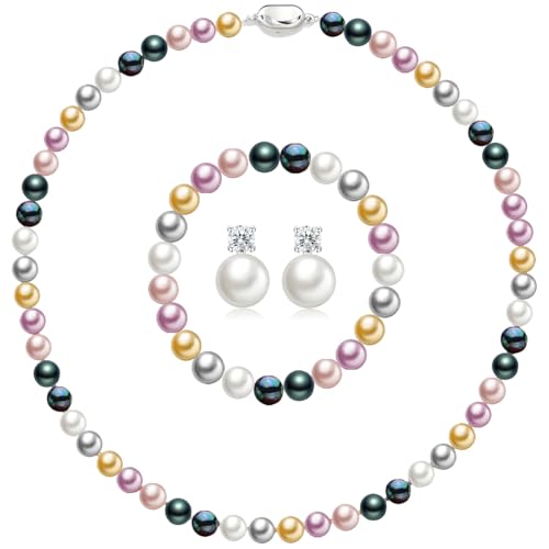 Pearl Necklaces for Women,8mm Pearl Necklace and Earring Bracelet Jewelry Set for Women Men Wedding Birthday Valentine Christmas Day Gifts - color: Mix-Color
