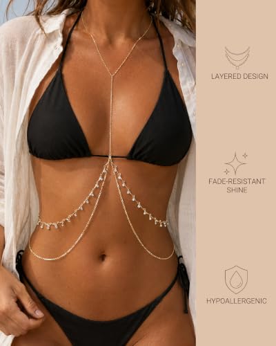 Sexy Rhinestone Bra Chain Chest Bracket Bikini Nightclub Crystal Rave Body Chain For Women Body Jewelry - color: GOLD2