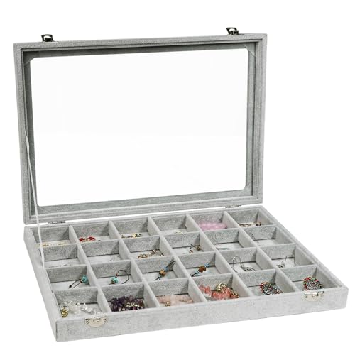 Stratalife Jewelry Organizer, Velvet Earring Storage Box, 13.78"x9.4" | 24 Grid Stackable Jewelry Tray with Clear Lid, Velvet Jewelry Box for Drawer, Necklace Trinket Display Organizer, Beige - color: Gray, size: 30 Grid