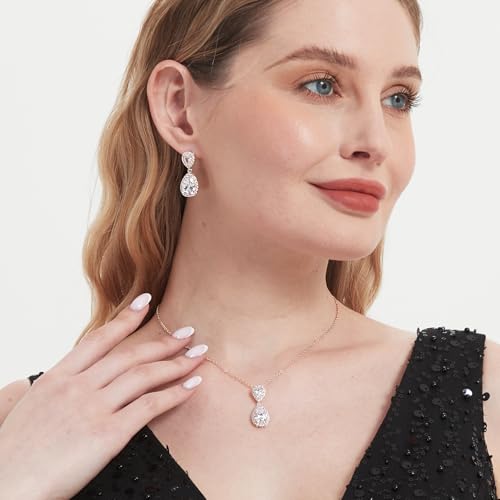 Bridal Jewelry Set for Women, Cubic Zirconia Teardrop Bride Bridesmaid Necklace and Earrings Set for Wedding Prom Formal - color: Rose Gold