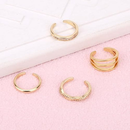 Mikovivi 4pcs Adjustable Toe Rings for Women, Open Toe Rings Set Simple CZ Triple Twist Crystal Band Elegant Summer Beach Foot Jewelry - color: Gold