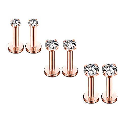 HQLA 16G Diamond CZ Lip Rings Labret Monroe Nose Tragus Helix Ear Piercing Jewelry Surgical Stainless Steel 2/3/4mm CZ 6mm Bar Length 3 Pairs Set - style: 3 Pairs Rose Gold - Bar:6mm; CZ:2-4mm)