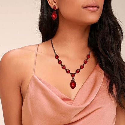 EVER FAITH Bridal Wedding Crystal Marquise Teardrop Pendant Necklace Earrings Bracelet Set for Prom - color: Red Black-Tone