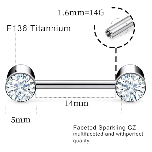 14G ASTM F136 Titanium Nipple Piercing Jewelry Round CZ Nipple Barbell Jewelry Internally Threaded G23 Solid Titanium Nipple Piercing Barbell Ring Jewelry for Women Men 14 Gauge - style: Clear CZ