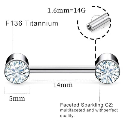 14G ASTM F136 Titanium Nipple Piercing Jewelry Round CZ Nipple Barbell Jewelry Internally Threaded G23 Solid Titanium Nipple Piercing Barbell Ring Jewelry for Women Men 14 Gauge - style: Clear CZ