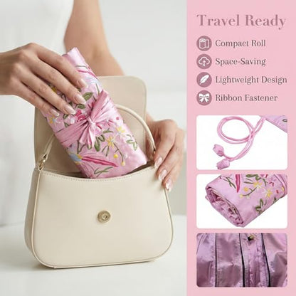 Travel Jewelry Bag Roll Embroidered Flower Bird Brocade Pink Organizer Pouch Case for Traveling Necklace Holder Rolls Tie Close Storage Accessories