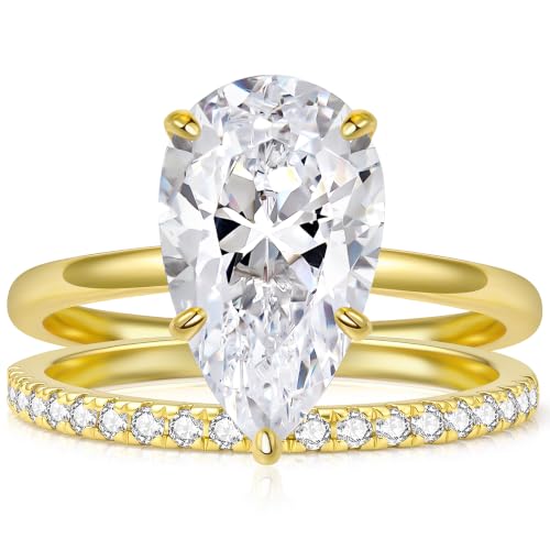 5CT Elongated Pear Shaped Cut Engagement Ring Set for Women, Wedding Promise Cubic Zirconia Band, 14K Gold/White Gold Plated Stackable Bridal Eternity Rings, Size 5-9 - color: Gold