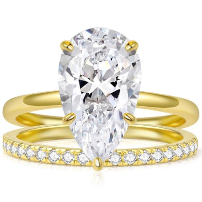 5CT Elongated Pear Shaped Cut Engagement Ring Set for Women, Wedding Promise Cubic Zirconia Band, 14K Gold/White Gold Plated Stackable Bridal Eternity Rings, Size 5-9 - color: Gold