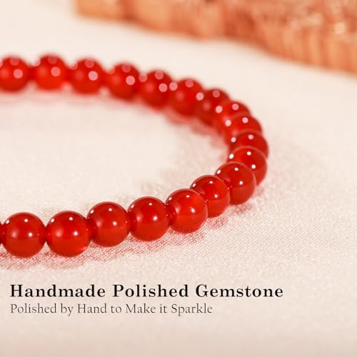 Agate Round Beaded Bracelet for Women Men Natural Agates Stone Healing Bracelets Stretch Elastic Handmade Polished Gemstone Beads Bracelet - color: Red, size: 6mm Beads