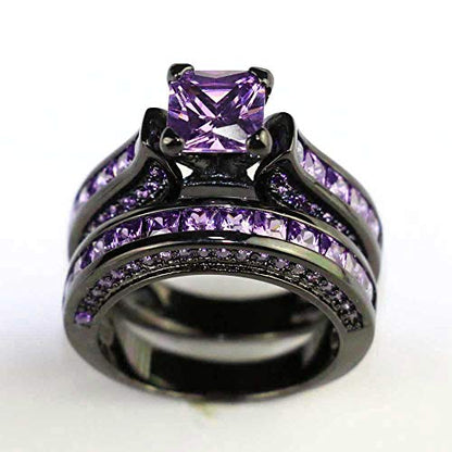 Couple Ring Bridal Sets His And Hers Women Black Gold Filled Square Violet CZ Men Tungsten Carbide Band Wedding Ring Band Set - size: women's size 7 & men's size 7