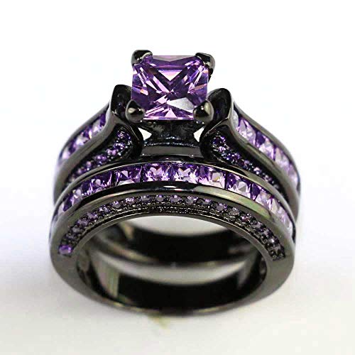 Couple Ring Bridal Sets His And Hers Women Black Gold Filled Square Violet CZ Men Tungsten Carbide Band Wedding Ring Band Set - size: women's size 8 & men's size 7
