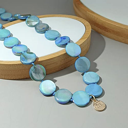 Firstmeet Flat Round Coin Shell Beads Long Knotted Necklace Natural Mother of Pearl Handmade Jewelry For Women - color: Blue AB