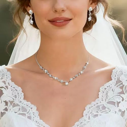 Women's Fashion Jewelry Rhinestone Zircon Necklace and Earring Set Formal Ball Gown Accessories Silver Floral Pendant Bridal Wedding Jewelry Suitable for Weddings, Balls, Banquets, and All Special Occasions - style: TLa057