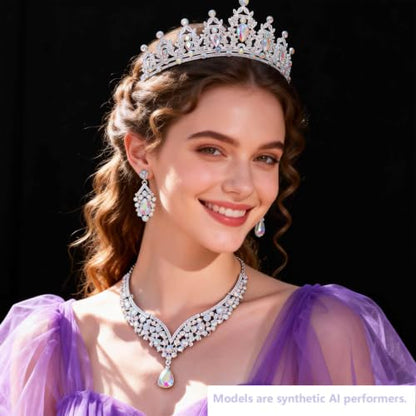 Kamirola Bridal Wedding Tiara Crown Jewelry Set for Women/Brides/Bridesmaids Crystal Jewelry Set for Wedding Prom Party Bridal Crystal Necklace Earrings Bracelet Set(TR60) - color: Silver AB