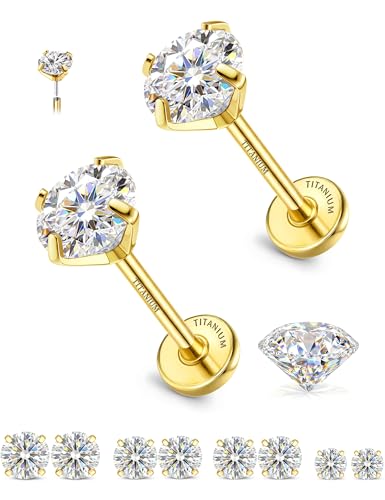 GEMQUEEN 8 PCS Moissanite ＆ Implant Grade G23 Titanium Nose Studs Flat Back Earrings Hypoallergenic : 14K Gold Plated Nose Rings 20G Push in Threadless Cartilage Helix Piercing Jewelry for Women Men - color: Gold| 18G(1.0MM)-Bar-6/8MM&Moissanite-2/3/4MM