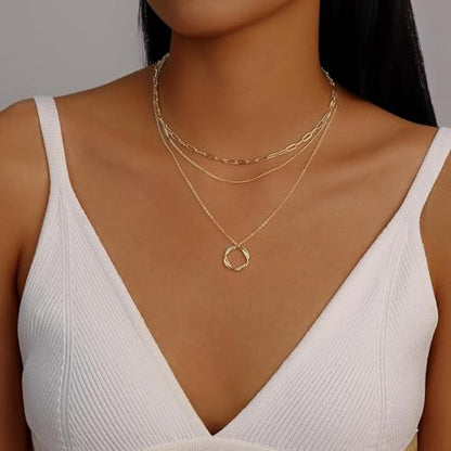 Evabelle Gold Layered Necklace for Women Trendy Jewelry 14K Real Gold Plated Chunky Chain Stackable Necklaces Dainty Choker Necklaces Rectangle Square Pendant - color: Gold Necklace 26